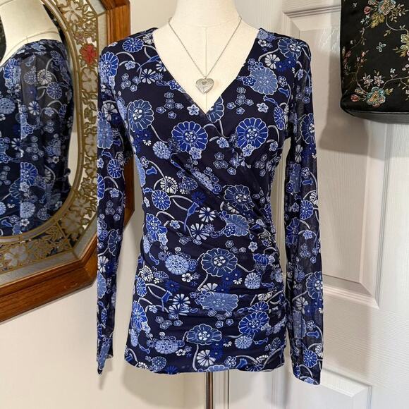 INC International Concepts Dark Blue Floral Mesh Ruched Long Sheer Sleeve Top - Picture 1 of 7